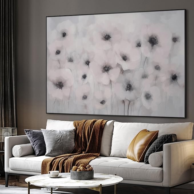36"x46" Extra Large Framed Wall Art Soft White Poppies Watercolor Floral, Delicate Botanical for Home Living Room Bedroom Decor (Frame Assembly Required)