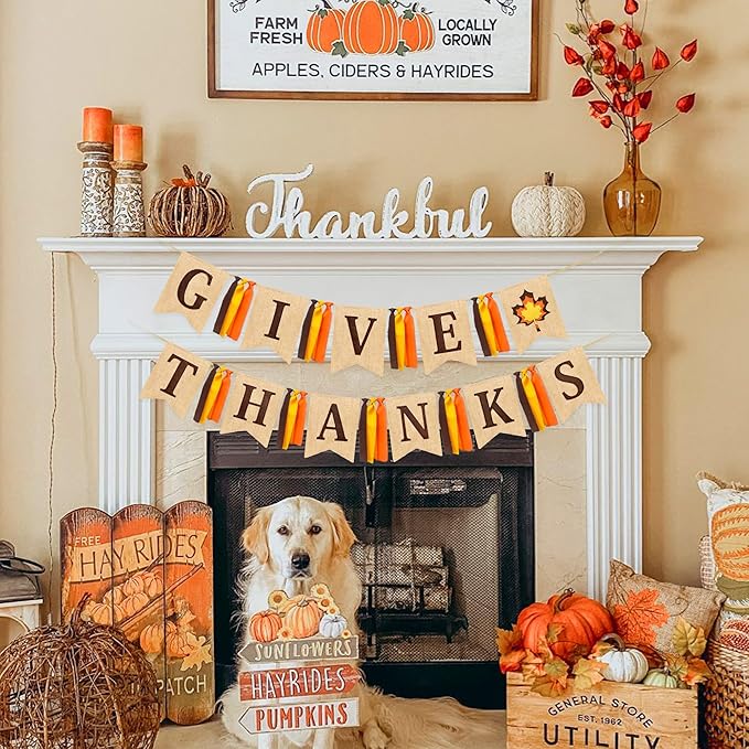 Thanksgiving Maple Leaf Burlap Pennant Banner Flag Felt Give Thanks Sign and Maple Leaf Pattern with Fall Color Ribbon for Thanksgiving Day Fall Autumn Harvest Birthday Party Decorations Supplies