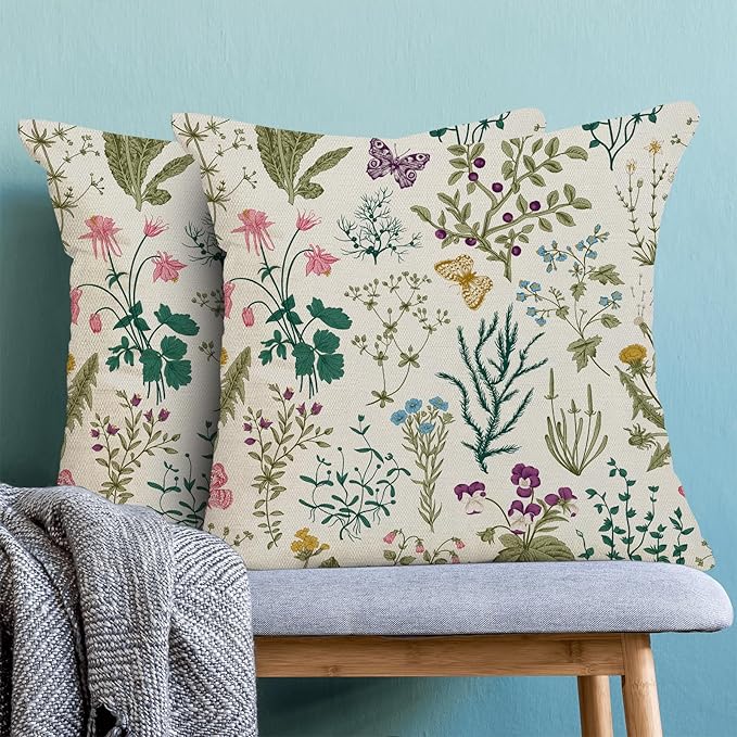 CXMEIFLY Spring Pillow Covers 16 x 16 Inch Set of 2 Vintage Sage Green Teal Wild Flowers Decor Throw Pillows Leaves Plant Outdoor Farmhouse Decorative Cushion Cases for Couch Bed Sofa Decoration