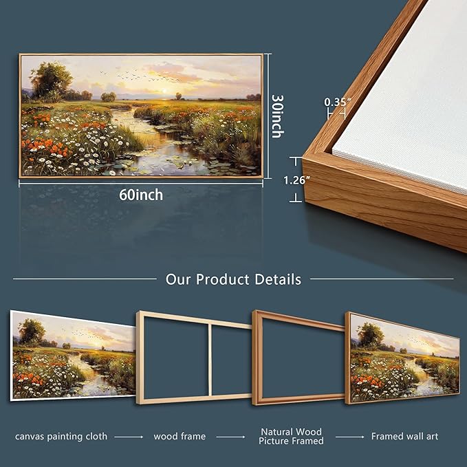 PHAOHUAXM Large Canvas Wall Art For Living Room Wall Decor For Bedroom Watercolour Painting Office Decoration Countryside Sunrise Scenery Wall Picture Home Decor Ready To Hang 30x60 In Wood Framed