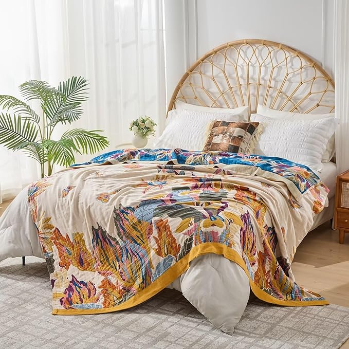 100% Muslin Throw Blanket for Couch, Butterfly and Floral Double Embroidery Summer Throw Blanket 60"x80" for Bed, Chair, Woven Cotton Reversible Mexican Blanket