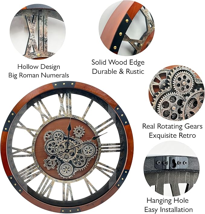 DORBOKER 24" Original Moving Gears Wall Clock, Large Industrial Wall Clock for Living Room Decor,Oversized Wood Vintage Farmhouse Steampunk Rustic Clocks for Wall Decor,Black Walnut