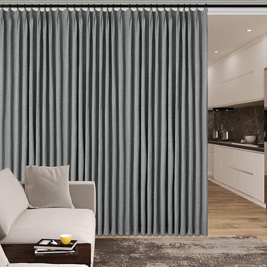 150 Inches Extra Wide Room Divider Draperies, Pinch Pleat Drapes, Absolutely Blackout Sliding Door Drapery, Total Privacy Ceiling Track Curtains, 150" W by 96" L, Mid Grey (1 Panel)