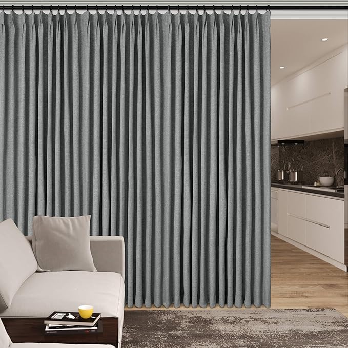 100" W x 96" L Faux Linen Room Divider Curtains, Full Blackout Pinch Pleated Drapes for Traverse Rod, Bedroom Divider Privacy Drapery with Hooks for Ceiling Track, 1 Panel, Mid Grey