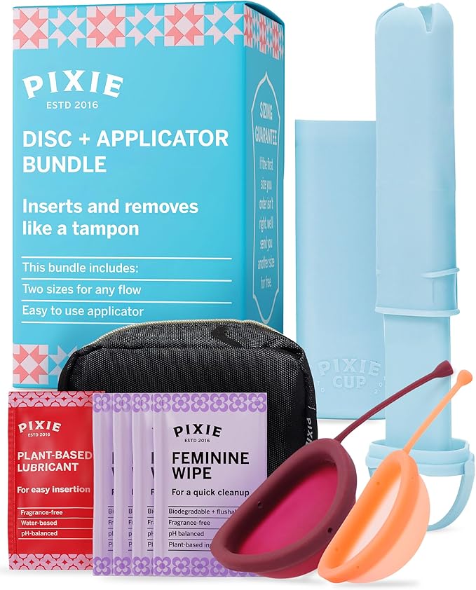 2 Menstrual Discs and Applicator Bundle - No Metals or Toxins - 100% Medical-Grade Silicone-Most Soft Reusable Period Disc - Inserts and Removes Like a Tampon - Capacity of 5 and 7 Tampons