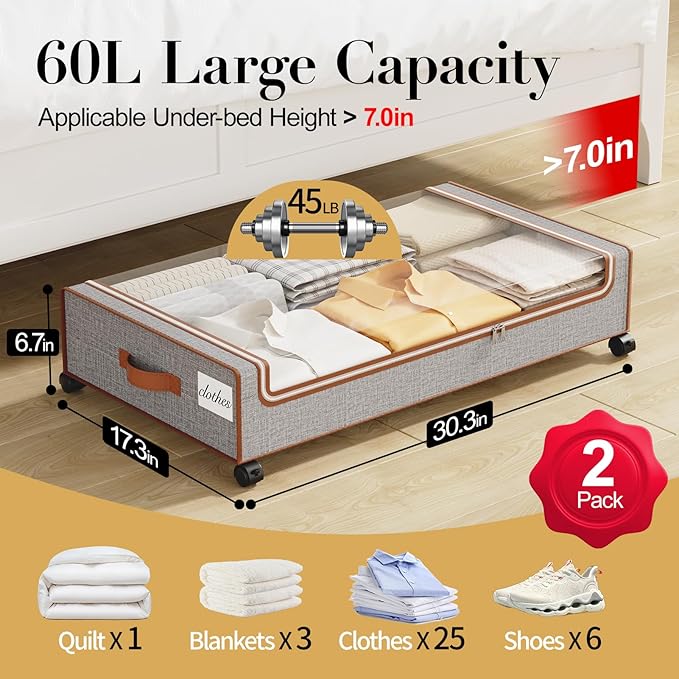 Yecaye Under Bed Storage with Wheels, 2 Pack Under Bed Storage Containers with Clear Lids & Label, XXL Large Lapacity Rolling Under Bed Drawers for Clothes, Shoes, Blankets