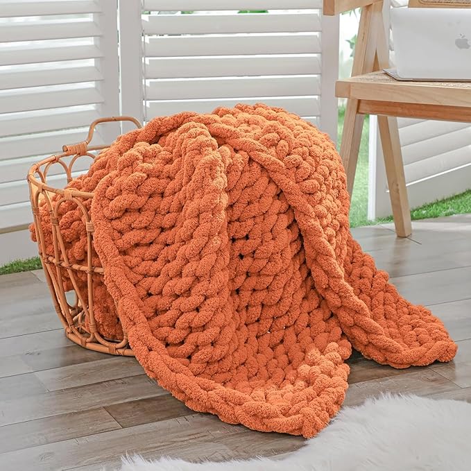 Bigacogo Chunky Knit Throw Blanket for Couch, 40x60 inches, 100% Hand Knitted with Thick Jumbo Chenille Yarn, Cozy Soft Large Rope Knot Cable Crochet Blankets for Sofa Bed Living Room, Terracotta