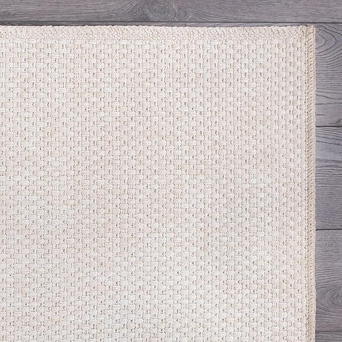 CAMILSON Indoor and Outdoor Runner Rug Off-White Solid Woven Design Easy-Cleaning Non Shedding Farmhouse Living Room Bedroom Garden Patio and Kitchen Washable Outside Carpet Alfombras (2x7)