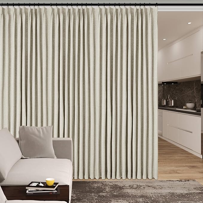 100" W x 96" L Faux Linen Room Divider Curtains, Full Blackout Pinch Pleated Drapes for Traverse Rod, Bedroom Divider Privacy Drapery with Hooks for Ceiling Track, 1 Panel, Ivory White