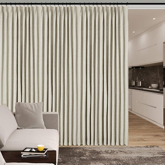100" W x 84" L Faux Linen Room Divider Curtains, Full Blackout Pinch Pleated Drapes for Traverse Rod, Bedroom Divider Privacy Drapery with Hooks for Ceiling Track, 1 Panel, Ivory White