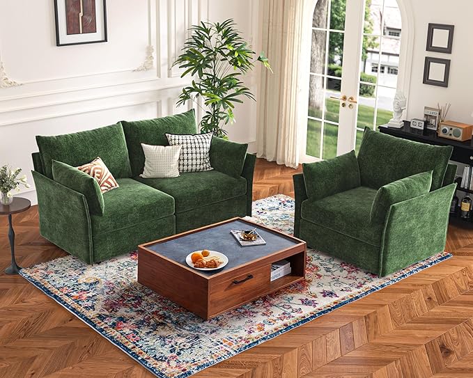 135.5" Oversized Modular Sectional Sofa, L Shaped Convertible Couch with Movable Ottoman, Large 6 Seat Corner Couches for Living Room Deep Seat Green Chenille