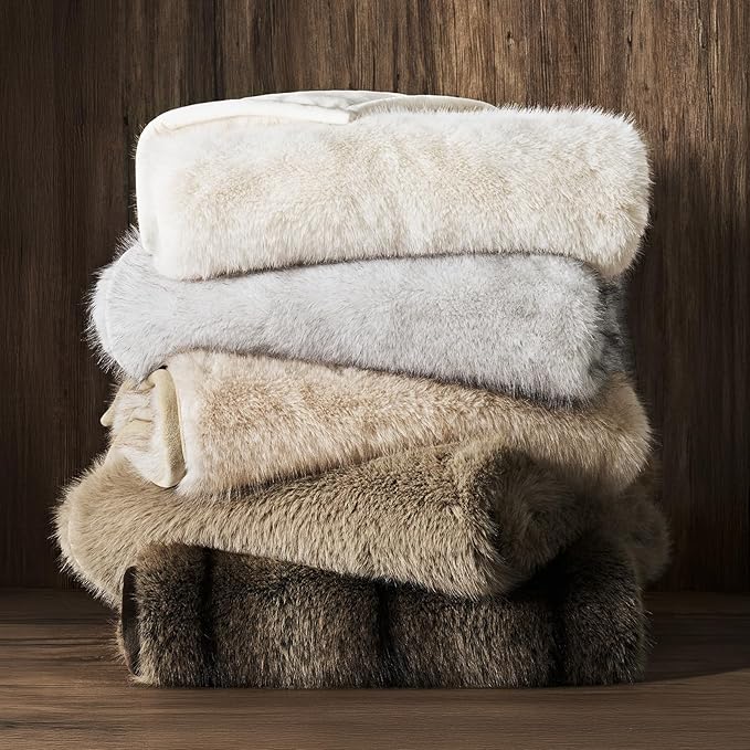 Luxury Faux Fur Throw Blanket, Soft Fluffy Faux Mink Blankets for Bed, Couch, Sofa, Thick Cozy Plush Warm Fur Throws with Reversible Velvet, Natural Mink, 50"x60"