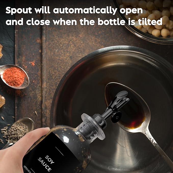 Olive Oil Dispenser Bottle - Includes 55 Kitchen Essential Labels - Cooking Oil Bottles for Kitchen, Coffee Syrup Dispenser - Pourer Spout with 11.8 fl oz Glass Container Cruet - 4pcs, Black