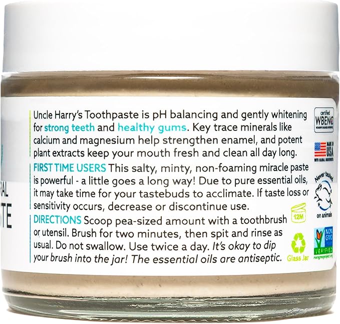 Uncle Harry's Peppermint Remineralizing Toothpaste | Natural Whitening Tooth Paste Freshens Breath & Promotes Enamel | Vegan Fluoride Free Toothpaste