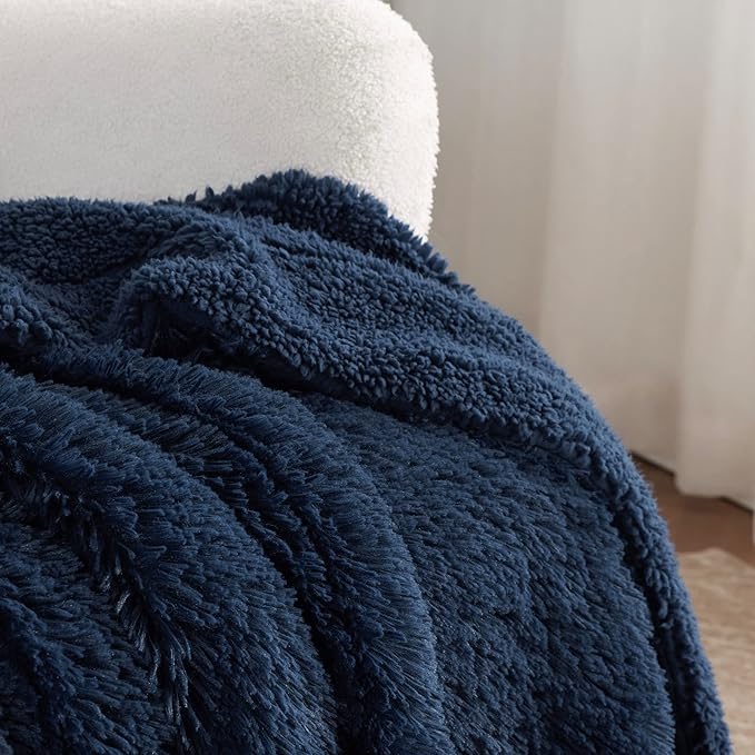 Bedsure GentleSoft Fluffy Navy Blue Throw Blanket for Couch, Dark Blue Gifts for Men, Women, Soft Sherpa Fleece Thick Warm Faux Fur Throw Blanket, Fuzzy Plush Cozy Gifts for Dad Grandpa, 50x60