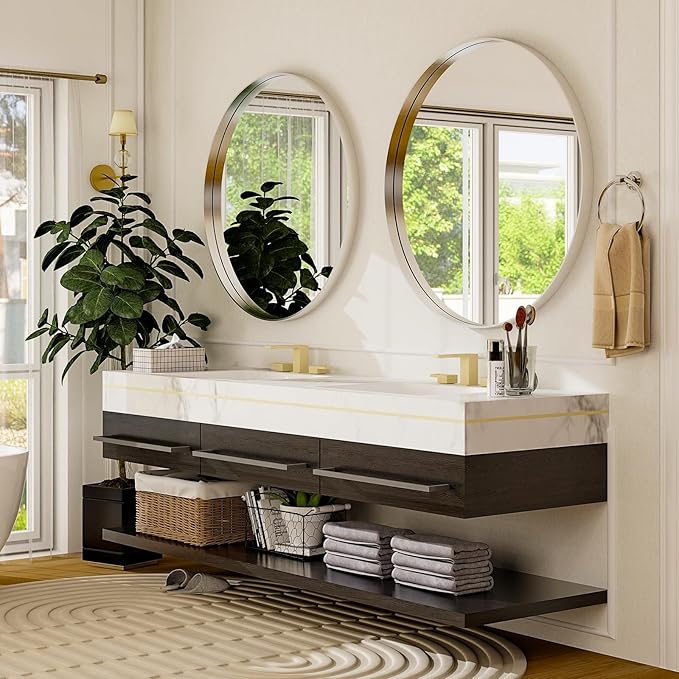 30 Inch Round Bathroom Mirror - Wall Mounted Circle Mirror with Metal Frame, Modern Mirror Suitable for Bathroom, Vanity, Entryway, Living Room, Wall Decor,Silver