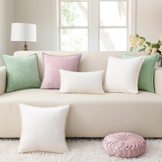 decorUhome Chenille Soft Throw Pillow Covers 26x26 Set of 2, Farmhouse Velvet Neutral Decorative Euro Pillow Covers with Stitched Edge for Couch Sofa Bed Home Decor, Sage Green