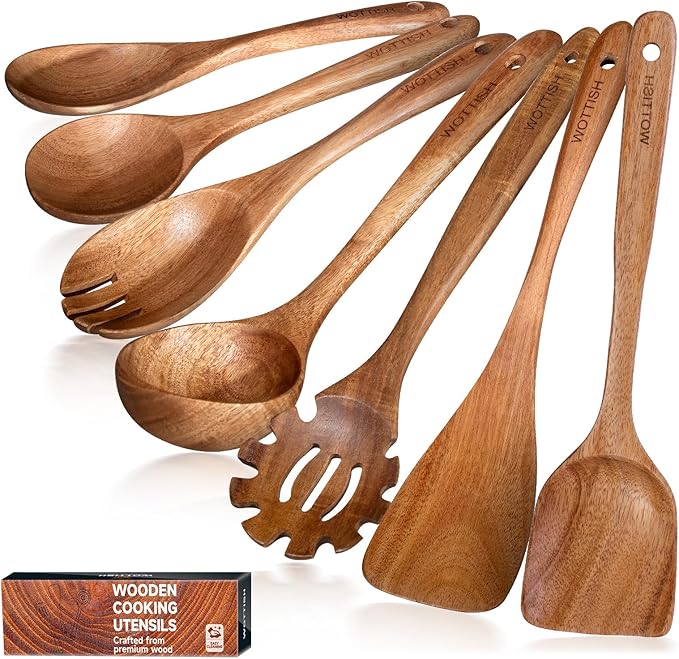 Wooden Utensil Set,WOTTISH 7Pcs Nonstick Wood Spatula,Wooden Kitchen Utensils Set Non Toxic,Wooden Spoons for Cooking（A07）
