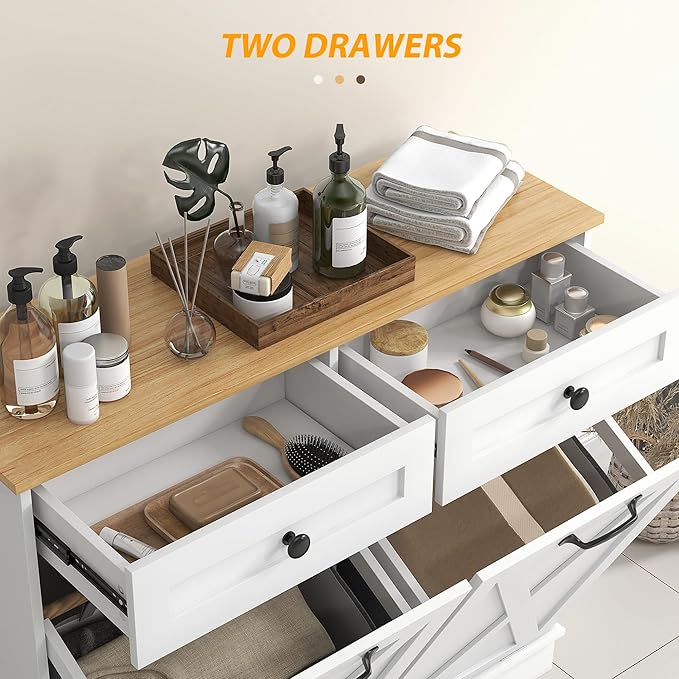 HOMCOM Tilt Out Laundry Hamper Cabinet with 2 Removable Baskets, Freestanding Bathroom Storage Cabinet with 2 Drawers, Trash Can Cabinet for Living Room, Laundry Room, White