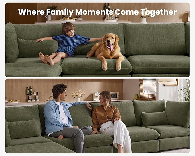 Oversized Modular Sofa, Extra Deep Cloud Chenille Sectional Couch with Ottoman Chaise, Fluffy Chenille 4 Seat L-Shaped Sofa for Living Room, Villa (L Shape 4 Seater, Chenille Green)