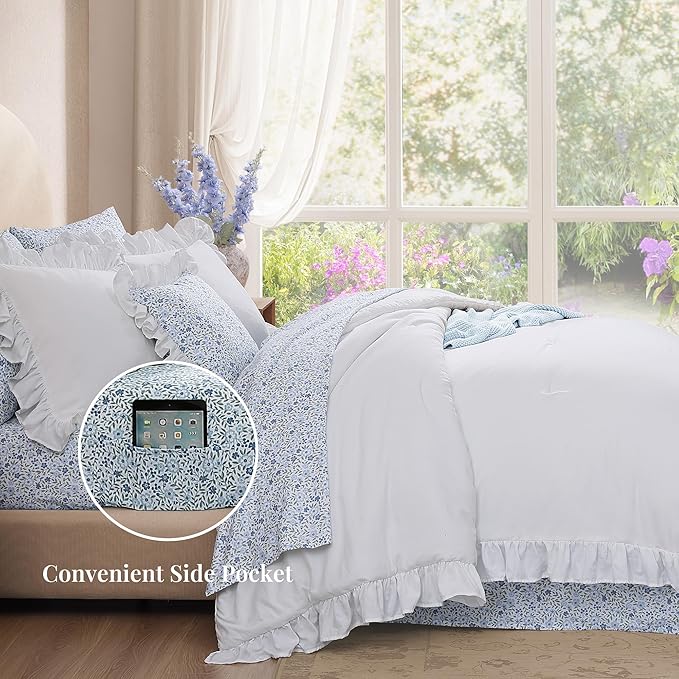 Queen Comforter Set - 7 Pieces Ruffle White Bedding Sets, Shabby Chic Farmhouse Bed in a Bag Queen with Ruffle Comforter, Floral Sheets, Pillowcases & Shams
