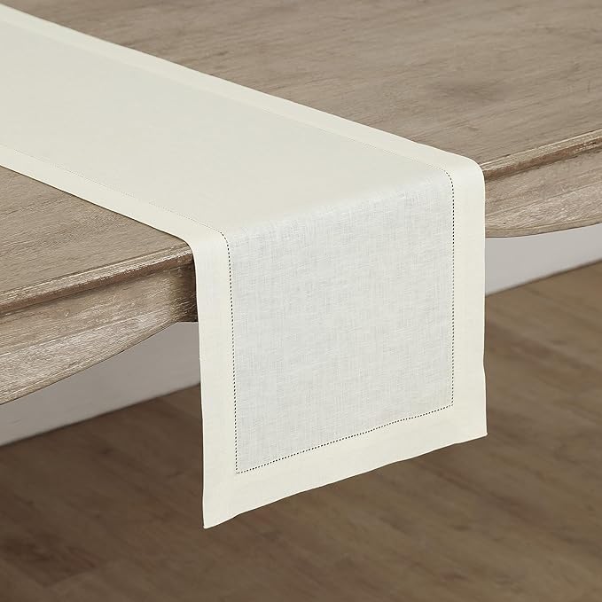 Solino Home Linen Ivory Table Runner 120 Inches Long - 100% Pure Linen 14 x 120 Inch Table Runner for Fall, Autumn, Thanksgiving - Classic Hemstitch