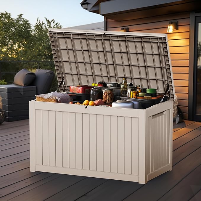 230 Gallon Outside Storage Box, Resin All Weather Storage Cabinet, Large Deck Box for Garden Tools, Patio Furniture, Sports Equipment, Light Brown