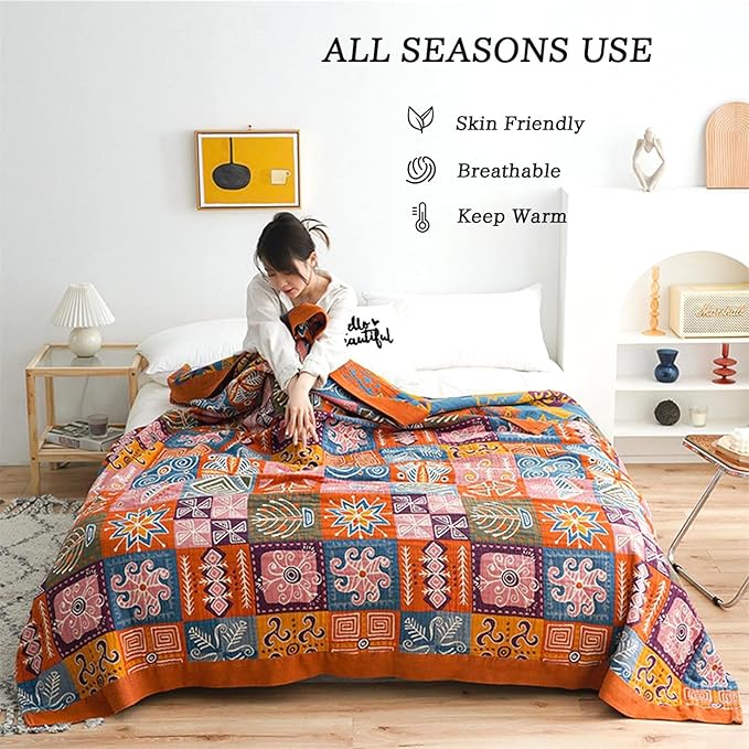 Boho Throw Blanket King Size Christmas Blanket 100% Cotton Blankets for Couch Bed, Cotton Quilts Muslin Bed Blanket 90''x 98'' Cozy Pre-Washed Decor Gift for All Seasons