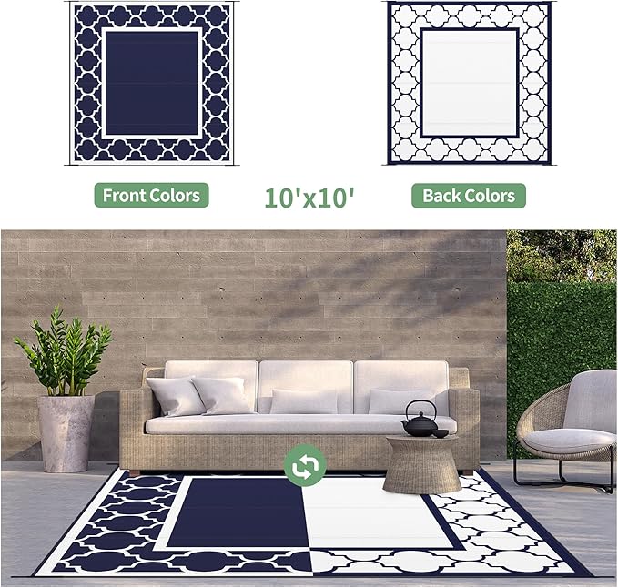 GENIMO 10 ' x 10 ' Outdoor Rug Waterproof for Patio Decor, Foldable Reversible Plastic Straw Area Rugs Mat for Camper, Outside Carpet for Rv, Deck, Porch, Picnic, Beach, Balcony, Blue & White