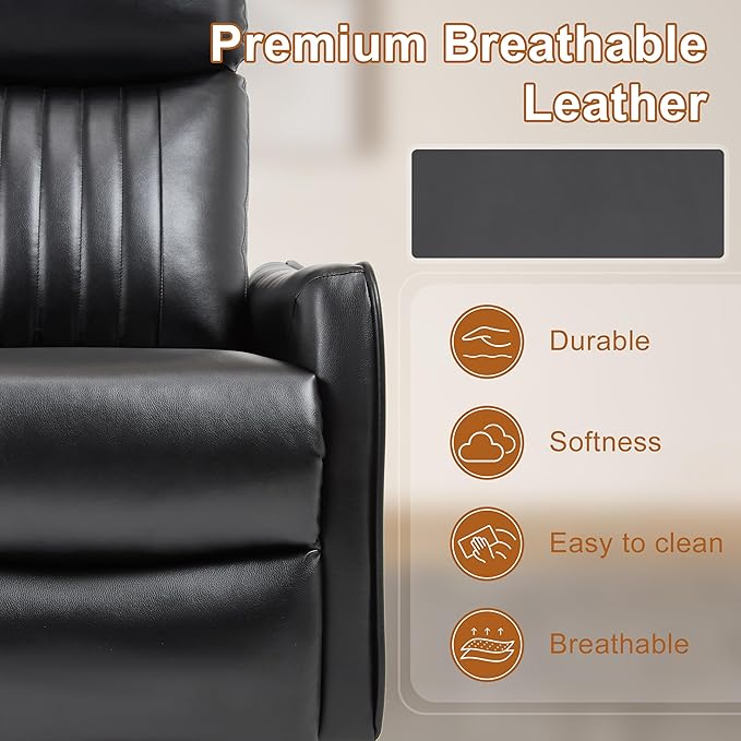 Manual Swivel Rocker Recliner Chair for Adults, Overstuffed Reclining Glider Chair for Nursing with Vibration Massage & Heat, Living Room Rocking Recliner 2-Stage backrest, Faux Leather Black