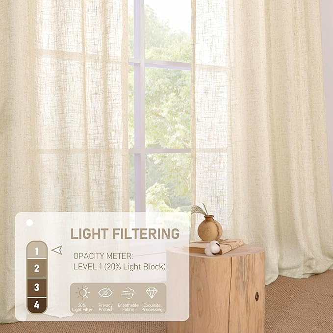 LAMIT Short Linen Curtains 40 inches Long for Small Window, Bronze Grommet Linen Drapes Light Filtering Sheer Window Curtains for Kitchen, Set of 2 Panels (34 x 40 Inch, Beige)