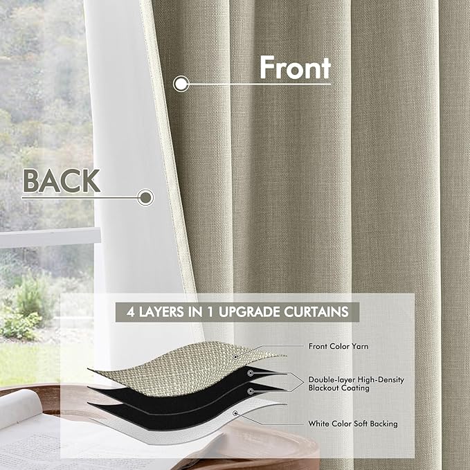 MIULEE 100% Blackout Curtains 120 Inch Long 2 Panels Set for Bedroom, Thick Luxury Faux Linen Black Out Curtain Room Darkening Back Tab Pleat Window Textured Drapes with Hooks for Living Room, Oatmeal