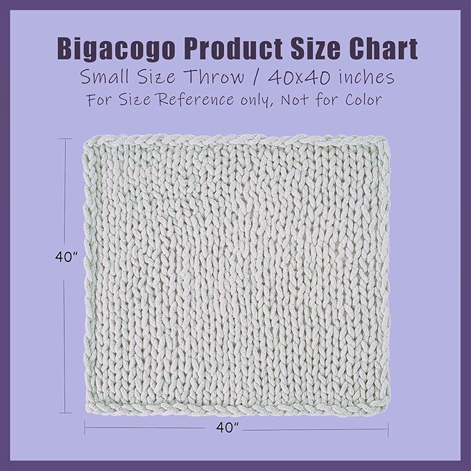 Bigacogo Chunky Knit Throw Blanket for Couch, 40x40 inches, 100% Hand Knitted with Thick Jumbo Chenille Yarn, Cozy Soft Large Rope Knot Cable Crochet Blankets for Sofa Bed Living Room, Light Teal