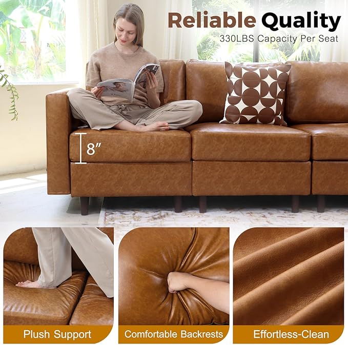 118.5" Faux Leather Modular Sectional Sofa, L Shaped Couch Set for Living Room, 5-Seater Comfy Cloud Couches with Movable Storage Ottoman,DIY Combination - Brown