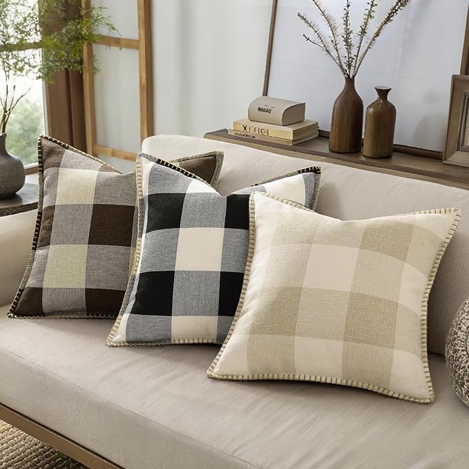 decorUhome Buffalo Plaid Check Throw Pillow Covers 20x20 Set of 2, Outdoor Decorative Farmhouse Neutral Pillow Covers with Stitched Edge for Bed Couch Sofa, Brown and Beige