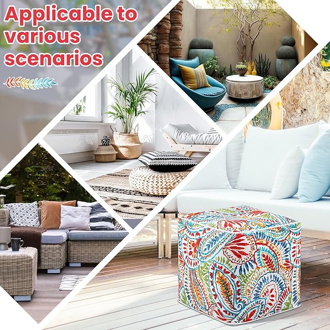 Juexica 2 Pack Ottoman Poufs Indoor Outdoor Inflatable Ottoman Stool Cube Pouffe Square Footstool with Handle for Patio Garden Home Boho Decorative Living Room, Bedroom(16 x 16 x 16 Inches)