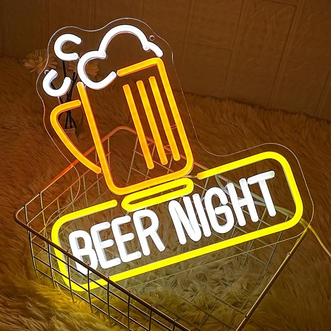 Beer Night Neon Sign for Man Cave Bar Decor Yellow White Beer Neon Light Bar Neon Sign Wall Art for Bedroom Beer Pub Man Cave Restaurant Party Decor