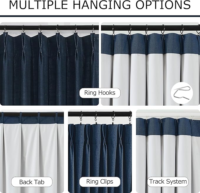 Vision Home Navy Blue Pinch Pleated Full Blackout Curtains Linen Blended Room Darkening Window Curtains 112 inch for Living Room Bedroom Thermal Insulated Pinch Pleat Drapes with Hooks 60" Wx112 Lx1