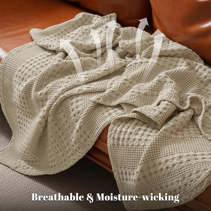 PHF 100% Cotton Waffle Weave Throw Blanket, Soft Lightweight Breathable Cozy Summer Throws for Couch Bed Sofa, Luxury Aesthetic Woven Blanket for Home Decor & Office, 50"x60", Khaki