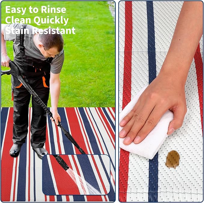 Outdoor Plastic Straw Rug 9x18 Waterproof Outside Rug, Large Modern Striped Reversible Floor Mats, Foldable & Lightweight Camping Carpet for Patio, Porch, Deck, Backyard, Balcony, Red Blue White