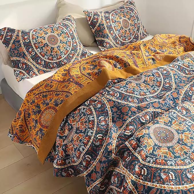 Boho Muslin Blanket for Adults 4-Layer Gauze Twin Size Soft Cozy 100% Cotton Summer Cooling Blanket Wheel Floral Decor for Sofa Bed Coverlet Both Sides (A Luck Wheel, Twin 60 x 80 in)