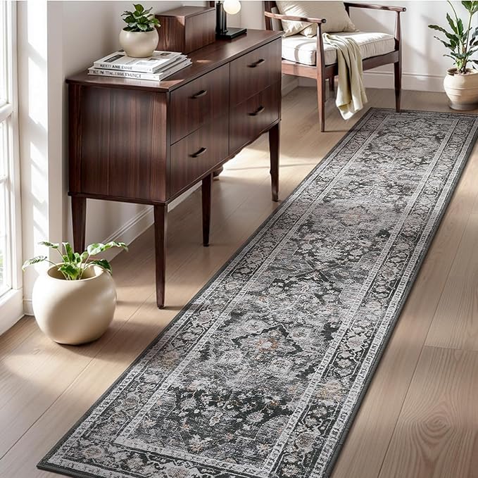 AMOAMI-2X10 Runner Rug-Washable Runners for Hallways-Soft Non Slip Bedside Rugs for Bedroom-Vintage Long Rug for Hallways Entryway Laundry Room Stair Kitchen Bathroom Dark Grey & Black