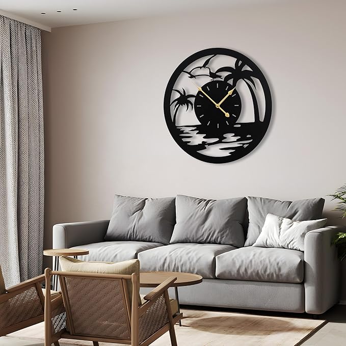 20inches/50cm Wall Clocks Palm Tree Battery Powered No Ticking Silent Round Black Modern Unique Metal Wall Clocks Suitable Living Room Kitchen Bedroom Fireplace Office Farmhouse。
