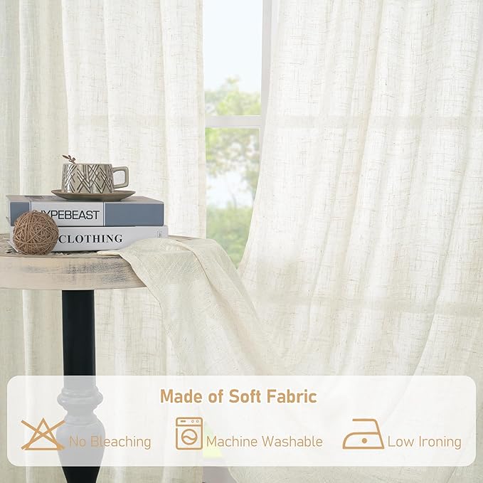 LAMIT Cream Linen Curtains 36 Inch for Windows, Soft Thick Linen Textured Light Filtering Drapes Bronze Gromment Boho Neutral Panels for Basement/Bathroom/Kitchen, 2 Panels, 34 x 36 Inch