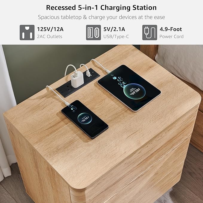 JXQTLINGMU 22" Modern Nightstand Set of 2 with Charging Station, Large Push-to-Open End Table, Wood Bedside Table, Curved Profile, Handleless 3 Drawer Night Stand for Bedroom, Living Room, Natural Oak