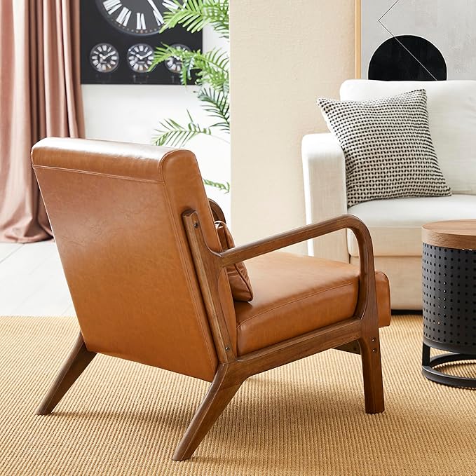Glitzhome 30" H Mid Century Yellowish Brown Accent Armchair, Single Reading Sofa, PU Leather Lounge Chair with Walnut Ruberwood Frame for Livingroom or Office