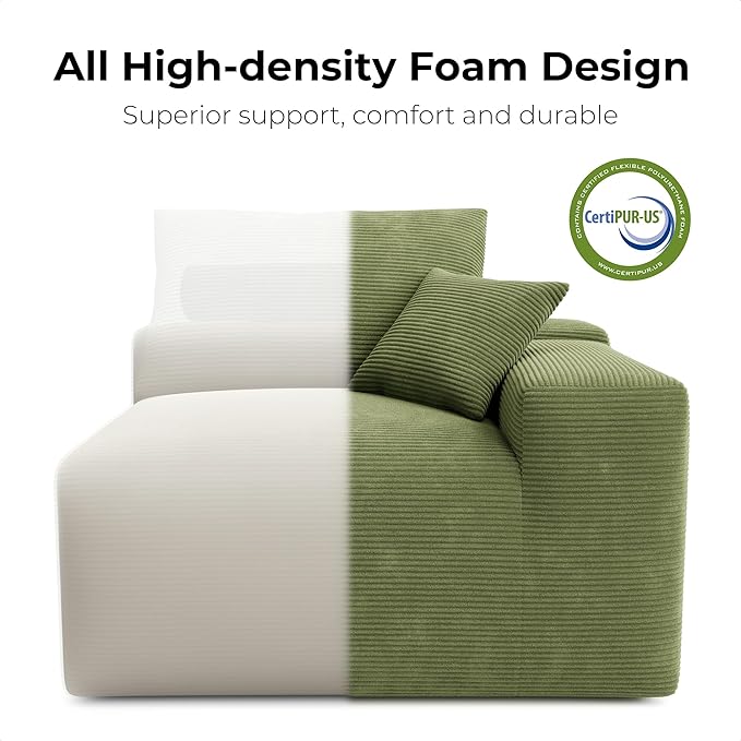 LIKIMIO 120" Modern L-Shaped Modular Sectional Sofa for Living Room, Corduroy Upholstery Green, Oversized 3-Seater Couch with Deep Seat and Movable Ottoman – No Assembly