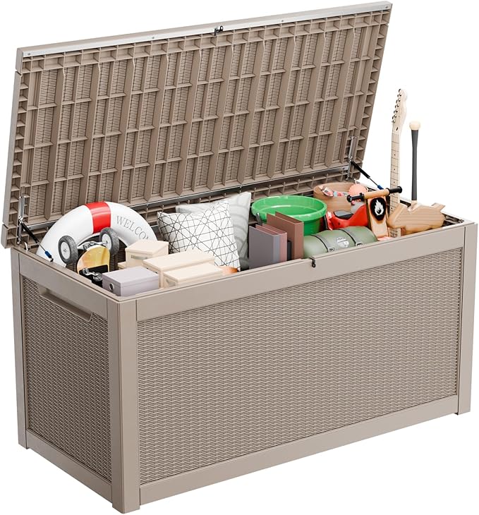 Vixzen 260 Gallon Resin Deck Box, Lockable Outdoor Storage Box for Patio Cushions Storage Furniture,Garden Tools, Pool Supplies, Weatherproof and UV Resistant- Grey