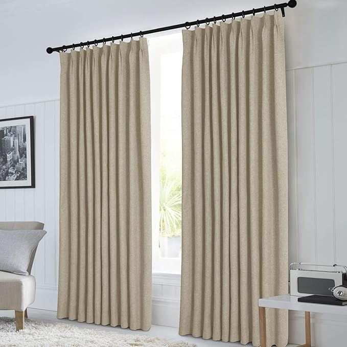 Macochico Pinch Pleated Full Blackout Curtains for Bedroom Living Room Light Khaki Linen Curtains Thermal Insulated and Noise Reducing Window Panels with Tieback Shabby Chic Decor 84”Wx84”L 1 Panel
