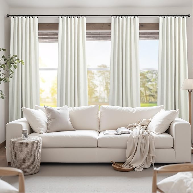 80 Inch Long Linen Blackout Curtains 2 Panels Set for 76-80 inch Window Drapes Back Tab Pleated Boho Room Darkening Thermal Curtains for Sliding Glass Door Custom Made Ivory Cream 52x80 in Length